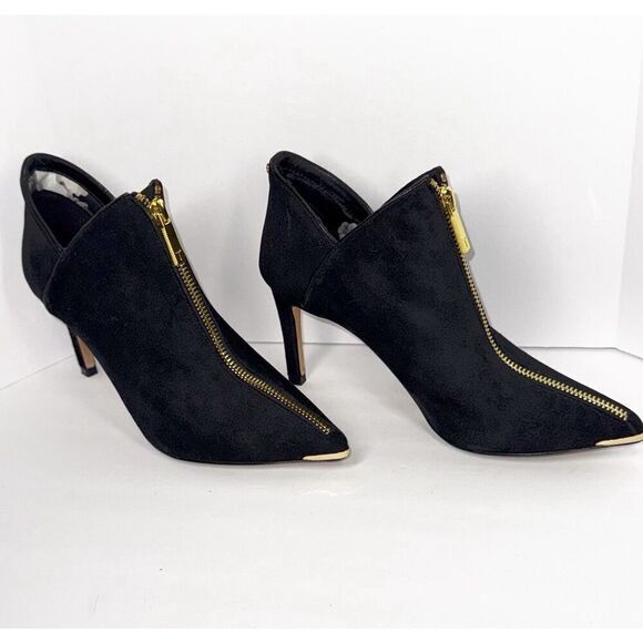 Ted Baker Millae Bootie Heels Black Suede Gold Zipper Stiletto Pointed 38.5/6 - Picture 7 of 16